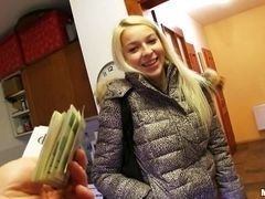 Beautiful blonde with long hair accepts the offer to fuck for cash